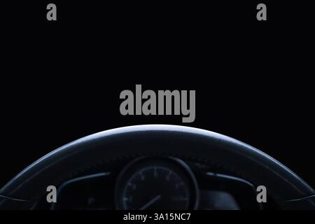 Close up of steering wheel in vehicle with copy space for text decoration on top , Car parts concept Stock Photo