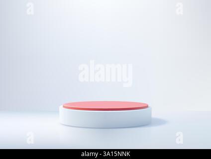 minimalist 3d white cylindrical pedestal with a red top, standing on a light surface against a soft gradient background, perfect for product display, Stock Vector