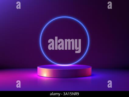 glowing blue neon circle on a 3d podium against a dark purple background, technology concepts, product displays, and modern showroom mockups, futurist Stock Vector