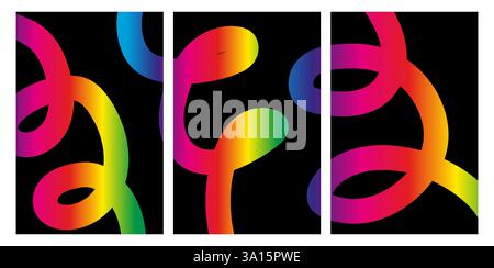 Abstract digital art triptych with colorful doodles gradient curved lines moving on black background Stock Vector
