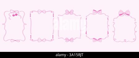 Pink frames with bows. Hand drawn trendy ribbons borders. Coquette style. Vintage retro frames for Valentine's day, christmas, birthday, greeting card Stock Vector