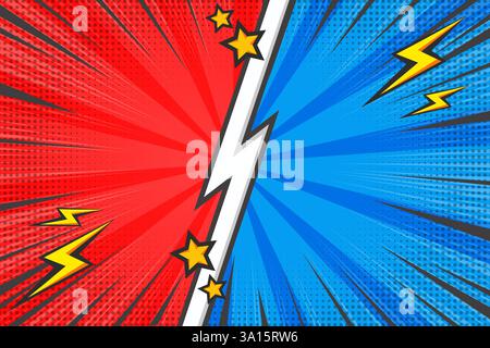 Comic book vector background. Cartoon pop art retro starburst graphic with blast. Vs blue and red template. Versus bright poster with abstract Stock Vector