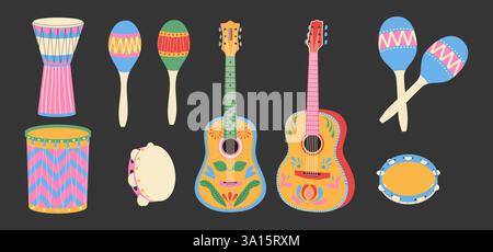 Musical instruments set. Maracas, drums, guitar with pattern. Festive carnival accessory Stock Vector