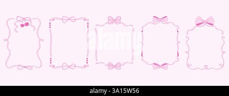 Pink frames with bows. Hand drawn trendy ribbons borders. Coquette style. Vintage retro frames for Valentine's day, christmas, birthday, greeting card Stock Vector
