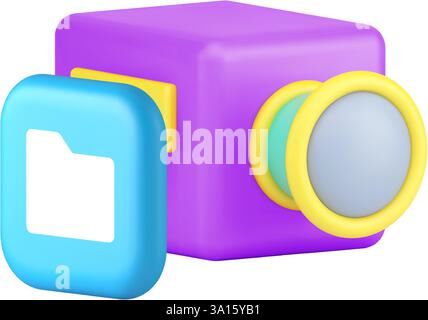 Multimedia data folder archive storage photo video cloud 3d icon realistic vector illustration. Media file database organizer digital technology camer Stock Vector