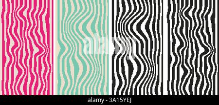 Pixel Art Groovy Hippie Distorted Stripe Background in Retro 8-bit style Set. Wave Uneven Stripes, Warped Streaks, Wavy Lines. Twisted Trendy pixelate Stock Vector