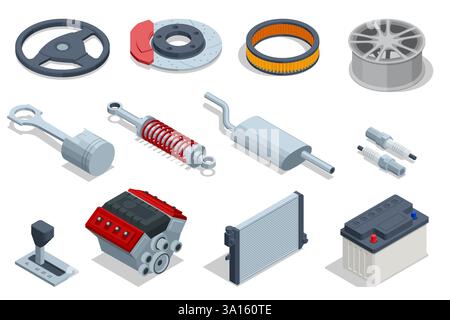 Isometric car parts set steering wheel, brake disc, air filter, rim, piston, shock absorber, exhaust, spark plugs, engine, radiator, battery, gear Stock Vector