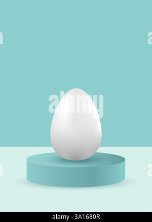 One 3D white Easter egg on a round podium on a neutral blue background. Minimalism and simplicity of aesthetics. Easter egg mockup. Stock Vector