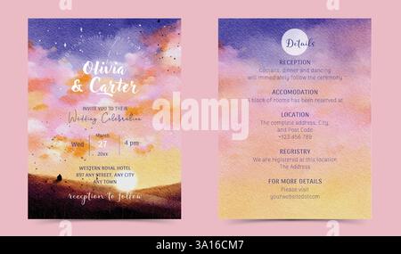 Watercolor wedding invitation template with a stunning sunset dusk sky Stock Vector