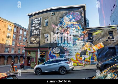 Canada, Nova Scotia province, Halifax, downtown, Grafton Street, sloping street, mural Stock Photo