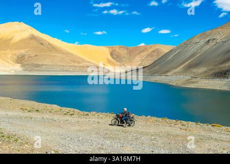 India, Ladakh state, Trans-Himalayan, motorbike tour on Royal enfield between Pangong Lake and Tso Khar Lake, Mirpatal Lake Stock Photo