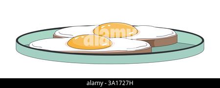 Breakfast with fried eggs on toasts placed on plate 2D cartoon object Stock Vector
