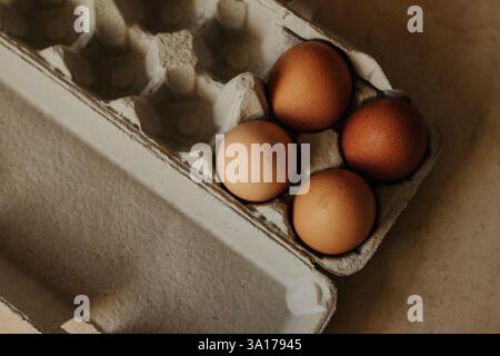 Overhead shot of four brown eggs in mostly empty egg carton Stock Photo