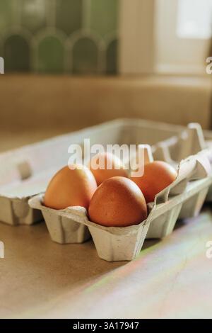 Rainbows shine down on four brown eggs in open egg carton Stock Photo