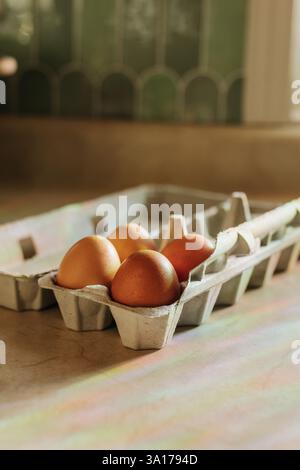 Rainbows shine down on four brown eggs in open egg carton Stock Photo