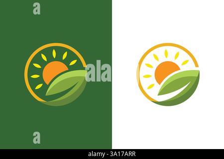 Eco-Friendly Logo Design Featuring Sun and Leaves Symbolizing Nature and Sustainability Stock Vector