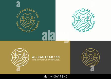 Minimalist Nature Logo Badge Abstract River, Waterfall, Sun and Trees Stock Vector