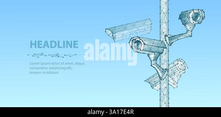 Security camera. Vector low pole illustration. Isolated on blue. Security system Stock Vector