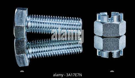 Construction crown nuts bolts on black background horizontal view Stock Photo