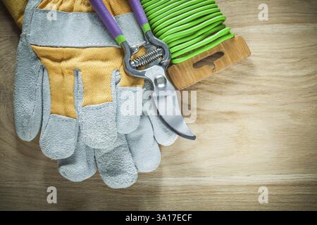 Gardening secateurs garden tie wire safety gloves on wooden board Stock Photo