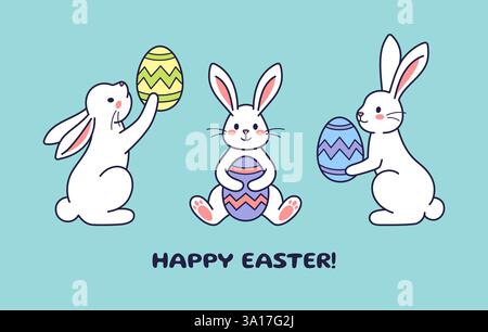 Easter character bunnies, rabbits, hares with painted eggs. Vector flat design, outline illustration. Greeting card, postcard Stock Vector