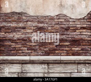Old grungy brick wall with peeled off stucco rustic texture background Stock Photo