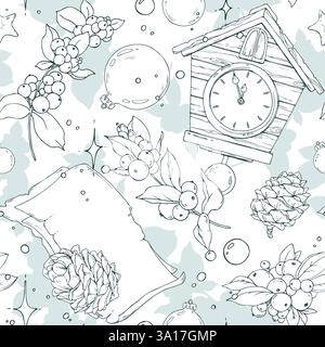 Wooden house clock, snowberry, letter, cones, Christmas tree balls, sparkling stars. Christmas, New Year Line art is a simple hand-drawn illustration Stock Vector