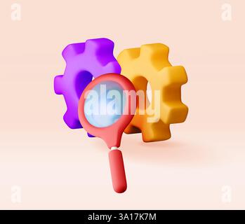3D cog gears with magnifying glass isolated. Stock Vector