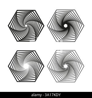 Hexagonal spiral shapes. Geometric vortex symbols. Abstract rotating patterns. Black and white contrast. Stock Vector