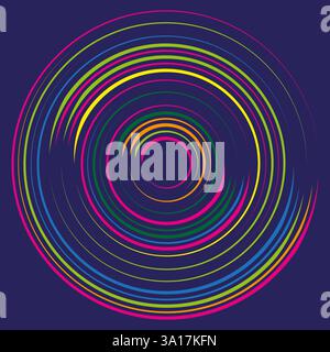 Colorful concentric circles. Vibrant abstract pattern. Rotating optical illusion. Dark blue background. Stock Vector