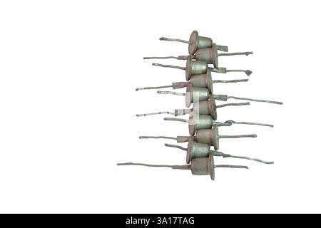 row of medium power rectifier diodes. Vintage electronic components, isolated on white background, with clipping path Stock Photo