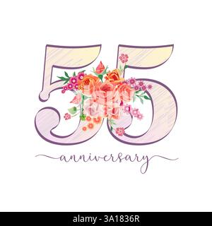 55 sketch number with 3D graphic bouquet. Set of nouveau 3D roses. 55th anniversary celebrating holiday banner. Cute isolated icon. Postcard template. Stock Vector