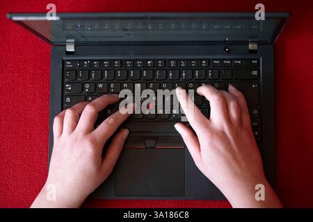 Dresden, Germany. 07th Mar, 2025. A woman types on a laptop and works on a computer. In many industries, digital work from home or in flexible working models is part of everyday life, especially for women who are balancing work and family life. Credit: Sebastian Kahnert/dpa/Ģ����ý Live News Stock Photo