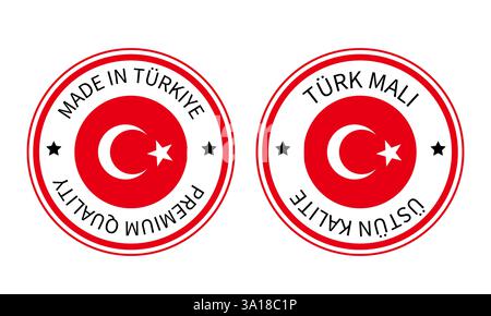 Made in Turkiye round labels in English and in Turkish languages. Quality mark vector icon. Made in Turkey.  Perfect for logo design, tags, badges, st Stock Vector
