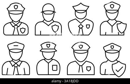 Police or Security guard icon. Set of linear security guard icons. Editable stroke. Vector illustration Stock Vector