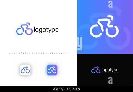 Minimalist bicycle logo with smooth lines and gradient blue-purple color. Modern abstract cycling symbol for eco-friendly transportation, mobility Stock Vector