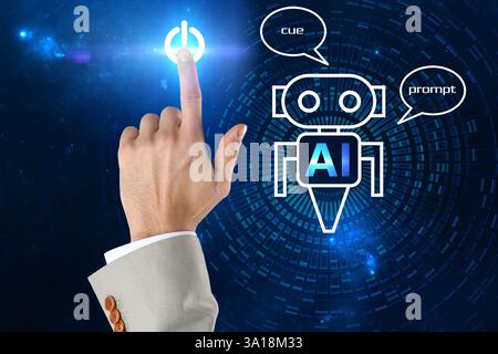 Artificial intelligence. Businessman using virtual screen with robot image and AI abbreviation against blue background, closeup Stock Photo