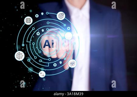 Artificial intelligence. Businessman using virtual screen with icons and AI abbreviation against black background, closeup Stock Photo