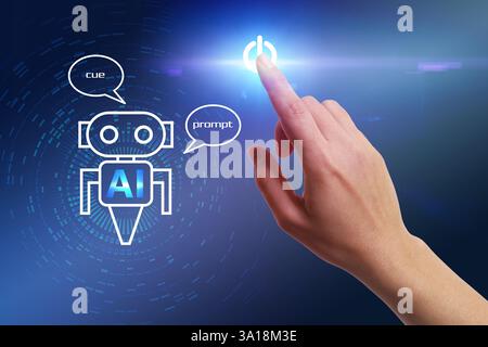 Artificial intelligence. Woman using virtual screen with robot image and AI abbreviation against color background, closeup Stock Photo