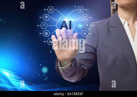 Artificial intelligence. Businesswoman using virtual screen with icons and AI abbreviation against blue background, closeup Stock Photo
