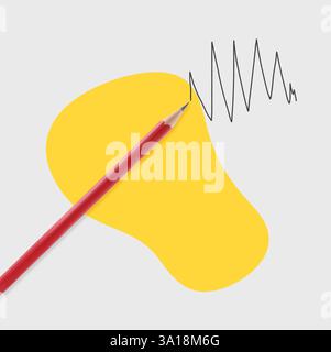 Creative poster. Red pencil with drawn zig-zag line and yellow blot on white background Stock Photo