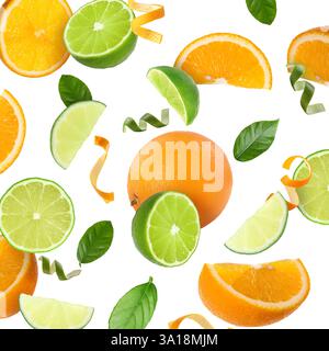 Limes, oranges, zest and green leaves in air on white background Stock Photo