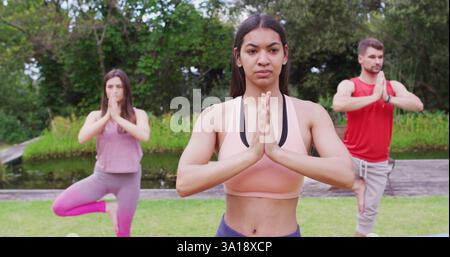 Diverse group of men and women practicing yoga, standing on one leg in park Stock Photo