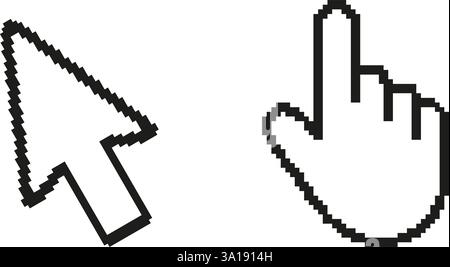 Computer Cursor And Hand Icon In Pixelated Icon Set. Pixel Art Symbol Collection Of Computer Cursor And Hand Icons In Pixel Style. Isolated Vector Stock Vector