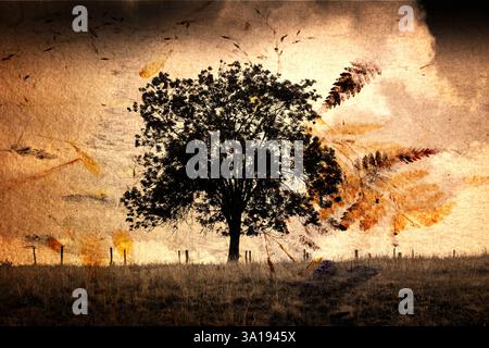A solitary tree stands tall against a moody sky filled with swirling clouds. Textured leaves create a contrasting pattern around the scene Stock Photo