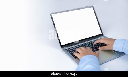 Mockup screen blank, Workspace white background new project on laptop computer with blank copy space screen for your advertising text message, Laptop Stock Photo