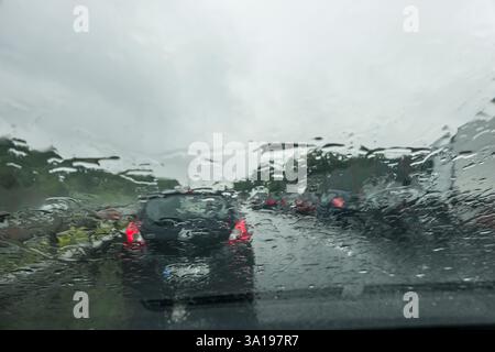 Raindrops on a windshield Stock Photo