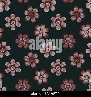 Dark moody burgundy pink floral seamless pattern background. Hand-drawn flower heads on rich green backdrop. Vintage inspired botanicals, Perfect for Stock Vector
