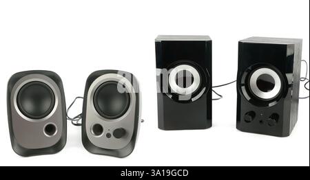 A new black bookshelf speakers isolated on white background. Free space for text. Collage. Wide photo. Stock Photo