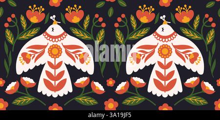 Folk Art Seamless Pattern with Stylized Birds and Floral Elements in Traditional Scandinavian Style on Dark Background Stock Vector